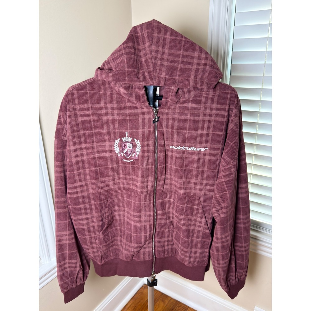 Cold Culture Posh Zip Hoodie L Burgundy Tartan Plaid Corduroy Embroidered NWT